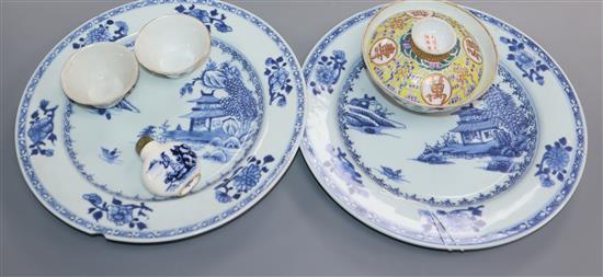 Two 18th century Chinese Nanking cargo plates, a bowl and a snuff bottle and two 19th century Chinese famille rose small bowls